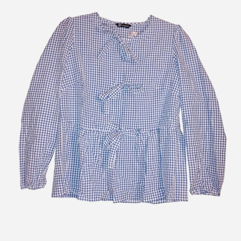 PrettyGarden Blue Gingham Peplum Blouse - Size Medium - NWT
